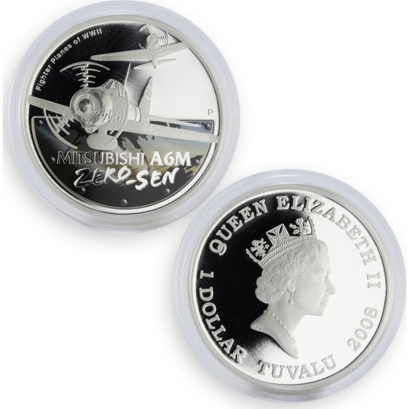 Набор из 5-ти серебряных монет Тувалу "Истребители Второй мировой войны" 2008 г.в., 5 шт * 31.1 г чистого серебра (Проба 0,999)