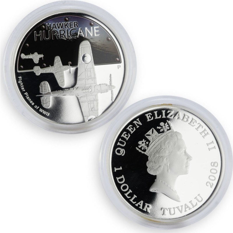 Набор из 5-ти серебряных монет Тувалу "Истребители Второй мировой войны" 2008 г.в., 5 шт * 31.1 г чистого серебра (Проба 0,999)