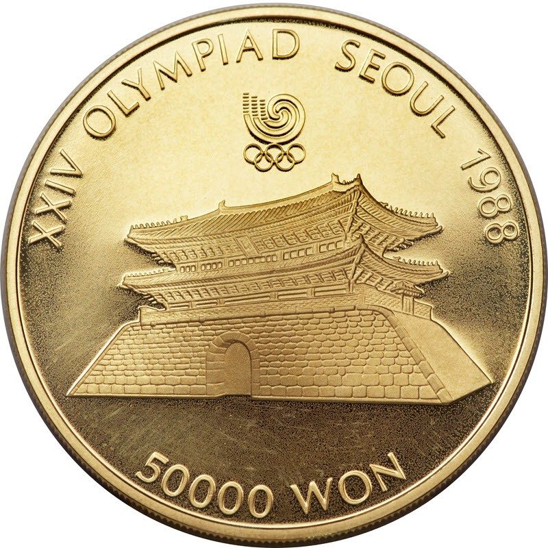 Комиссия: Золотая монета Южной Кореи "Олимпиада в Сеуле" 1987 г.в., 31.1 г чистого золота (проба 925)