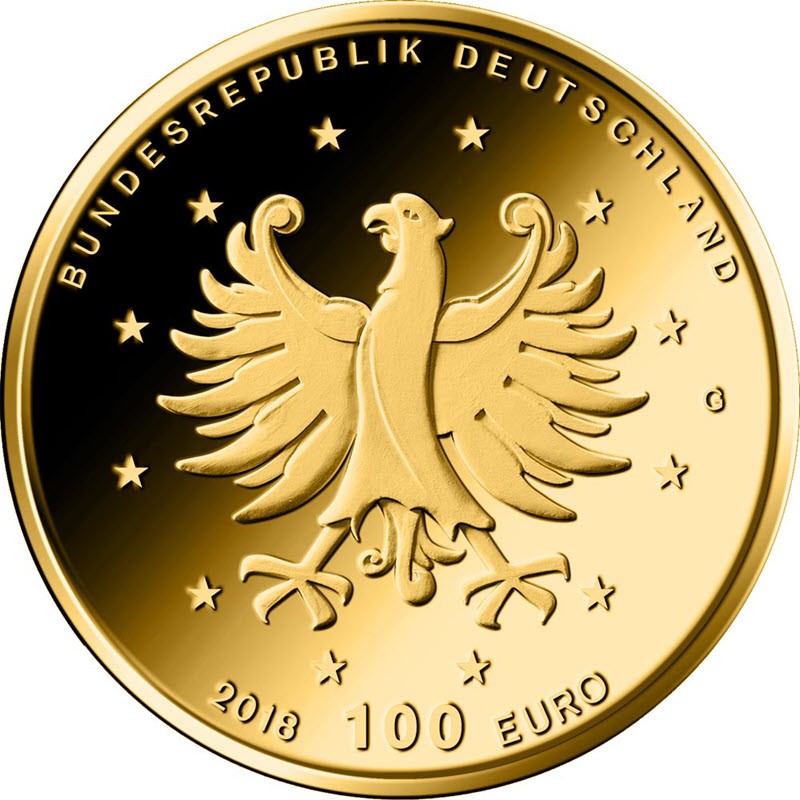 Комиссия: Золотая монета Германии «Всемирное наследие ЮНЕСКО – замки Аугустусбург и Фалькенлуст» 2018 г.в., 15.55 г чистого золота (проба 9999)