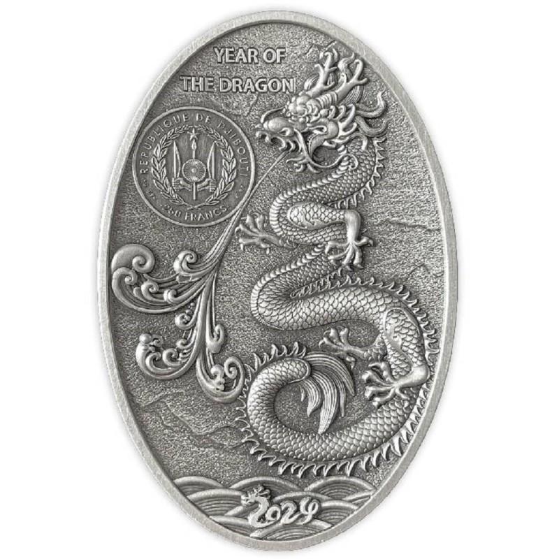 Серебряная монета Джибути "Яйцо дракона" 2024 г.в., 155.5 г чистого серебра (Проба 0,999)