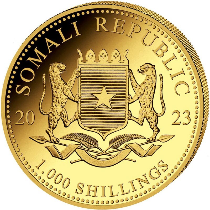 Золотая монета Сомали "Леопард" 2023 г.в., 31.1 г чистого золота (проба 9999)