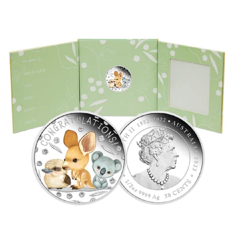 Серебряная монета Австралии "Поздравляем с новорожденным!" 2023 г.в., 15.55 г чистого серебра (Проба 0,999)