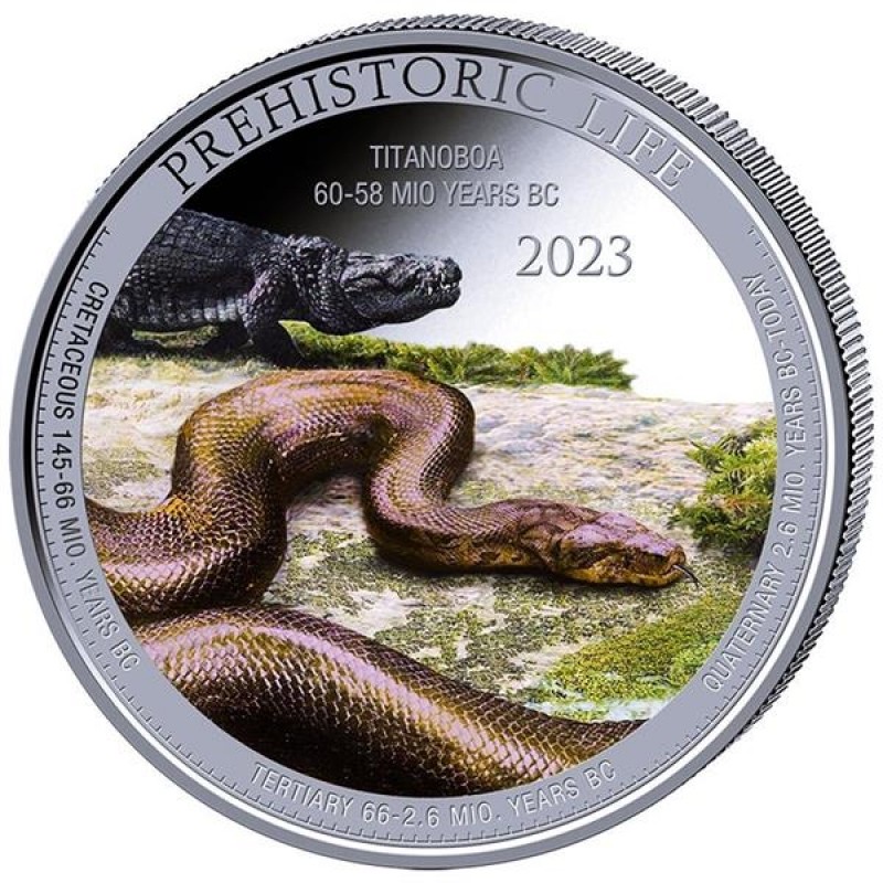 Серебряная монета Конго "Доисторическая жизнь: Титанобоа" 2023 г.в. (с цветом), 31.1 г чистого серебра (Проба 0,999)