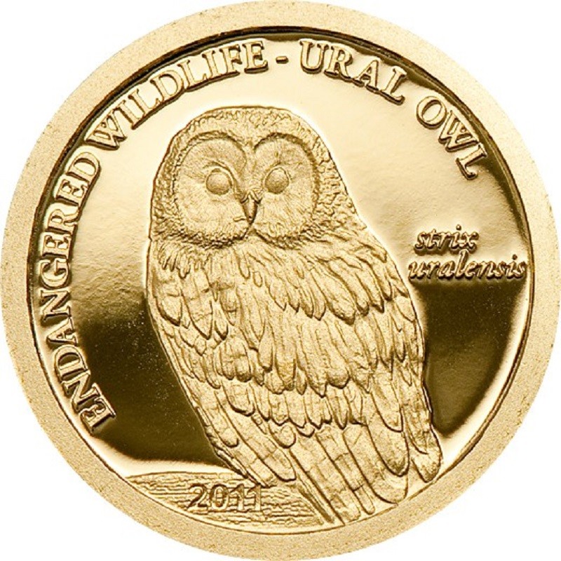 Золотая монета Монголии "Длиннохвостая неясыть" 2011 г.в., 0.5 г чистого золота (Проба 0,9999)