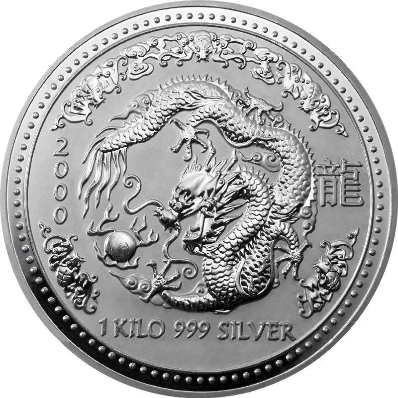Серебряная монета Австралии «Год Дракона» 2000 г.в., 1000 г чистого серебра (проба 999)