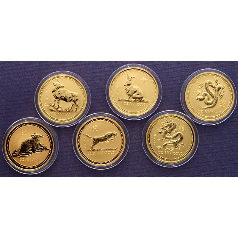 Набор из 12-ти золотых монет Австралии "Лунный календарь - I" 1996 - 2007 г.в., 12*31.1 г чистого золота (проба 9999)