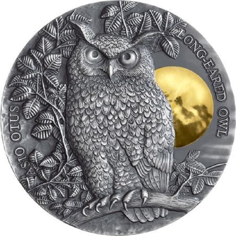 Серебряная монета Ниуэ "Дикая природа в лунном свете: Ушастая сова" 2019 г.в., 62.2 г чистого серебра (Проба 0,999)