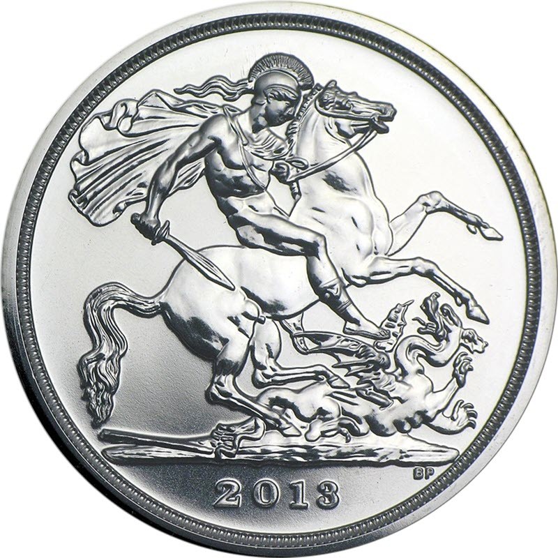 Серебряная монета Великобритании "Св. Георгий и дракон" 2013 г.в., 15.55 г чистого серебра (проба 999)