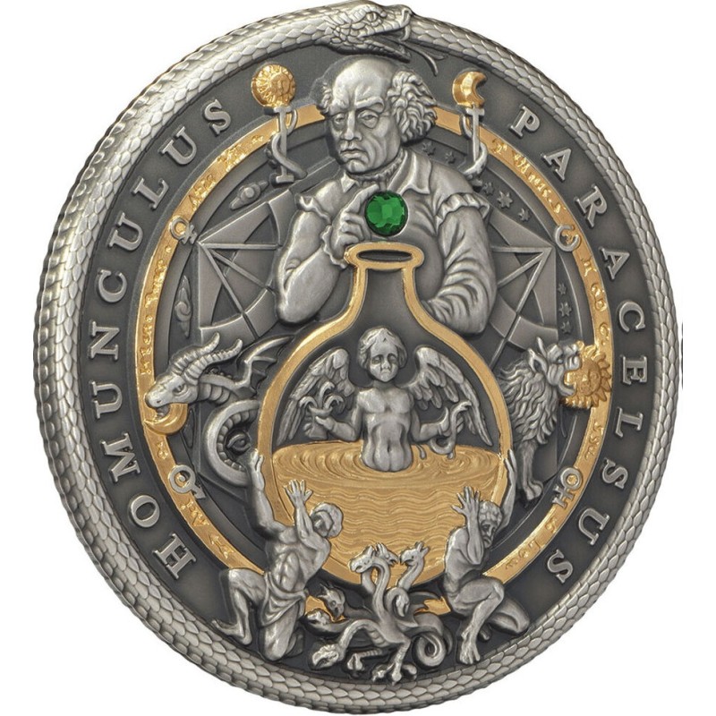Серебряная монета Ниуэ "Алхимики. Парацельс" 2023 г.в., 62.2 г чистого серебра (Проба 0,999)