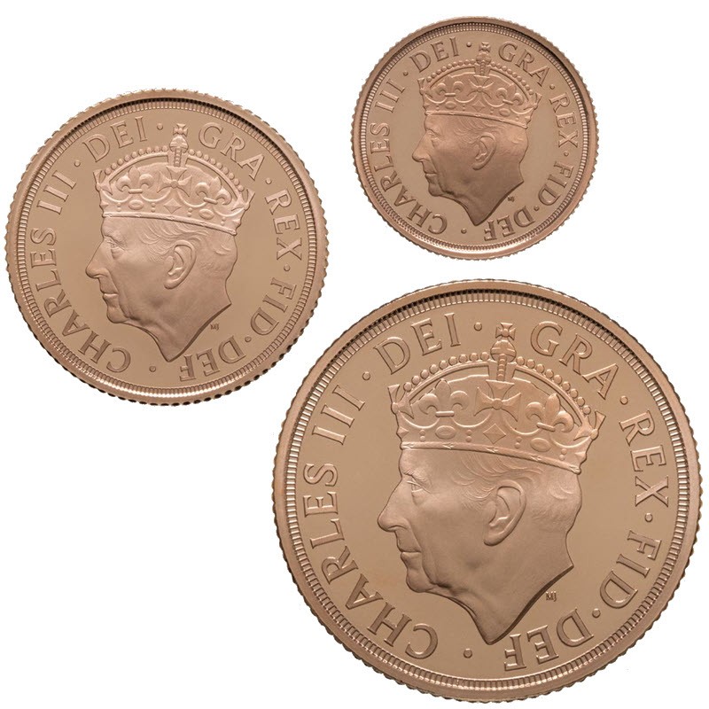 Набор из 3-х золотых монет Великобритании "Соверен " 2023 г.в., (пруф), 12.81 г чистого золота (проба 917)