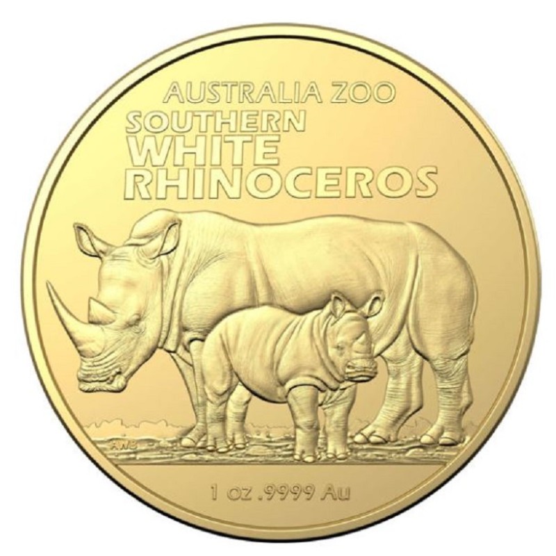 Золотая монета Австралии "Австралийские зоопарки: Южный белый носорог" 2023 г.в., 31.1 г чистого золота (Проба 0,9999)