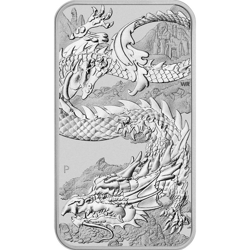 Серебряная монета Австралии "Китайский дракон" 2023 г.в., (прямоугольник), 31.1 г чистого серебра (проба 9999)