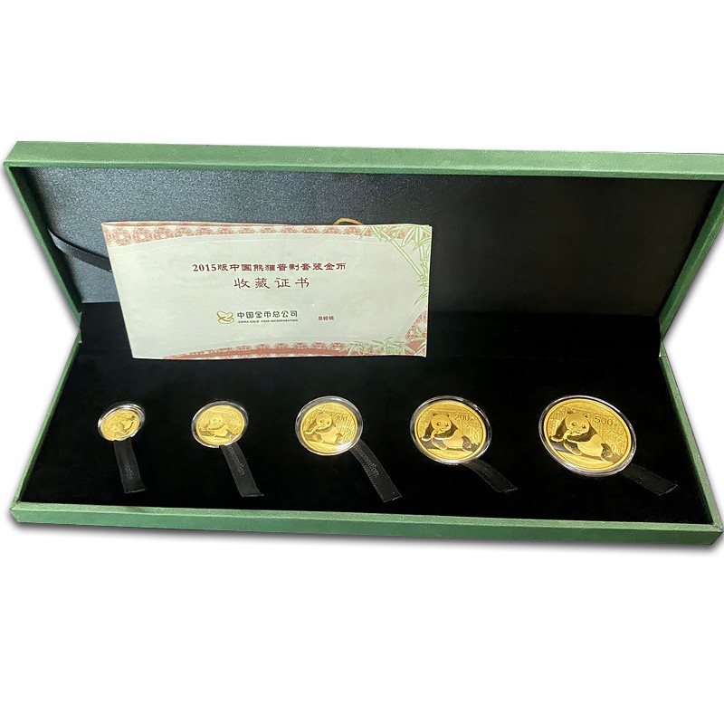 Набор из 5-ти золотых монет Китая – Панда, 2015 г.в., 59.09 г чистого золота (проба 999)