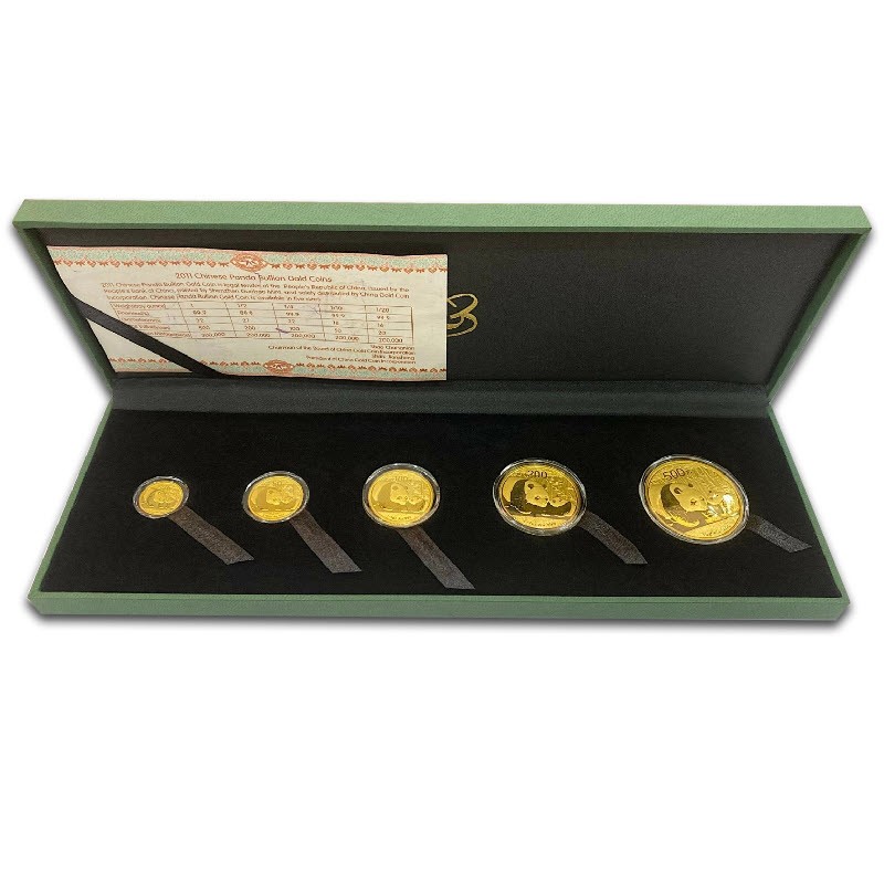 Набор из 5-ти золотых монет Китая – Панда, 2011 г.в., 59.09 г чистого золота (проба 999)