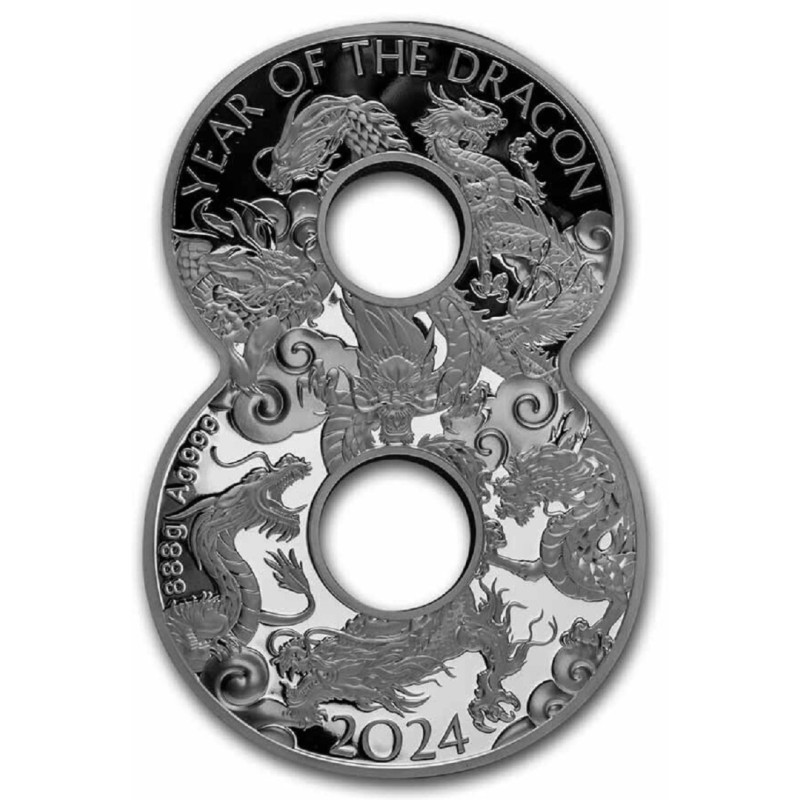 Серебряная монета Фиджи "Год Дракона - Восьмерка Удачи" 2024 г.в., 888 г чистого серебра (Проба 0,999)