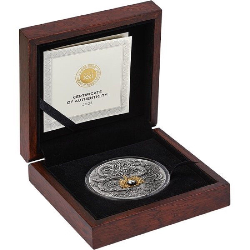 Серебряная монета Ниуэ "Черная жемчужина и Дракон" 2023 г.в., 62.2 г чистого серебра (Проба 0,999)