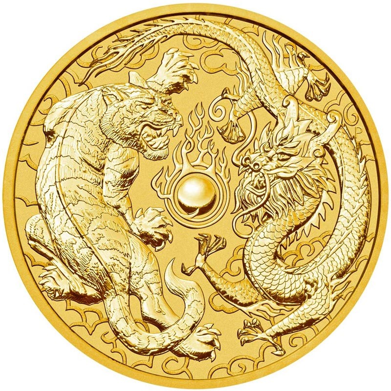 Комиссия: Золотая монета Австралии «Дракон и Тигр» 2019 г.в., 31.1 г чистого золота (проба 9999)