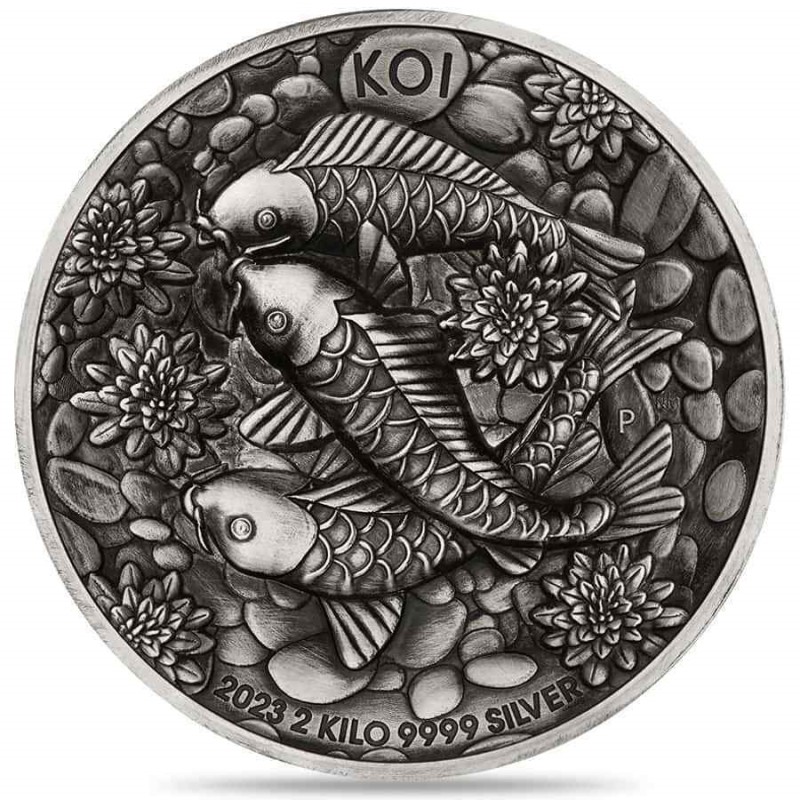 Серебряная монета Австралии "Рыбки Кои" 2023 г.в. (высокий рельеф), 2000 г чистого серебра (Проба 0,999)