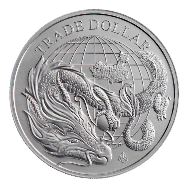 Серебряная монета Острова Св. Елены «Современный торговый доллар Китая» 2021 г.в., 31.1 г чистого серебра (проба 0.999)