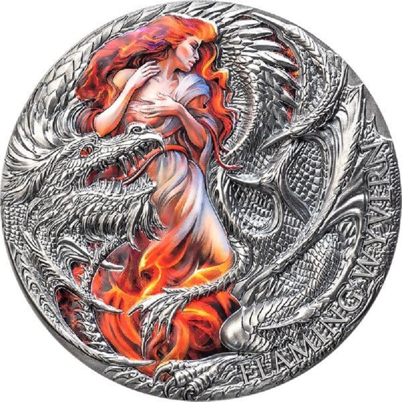 Серебряная монета Камеруна "Драконология: Пламенная виверна" 2023 г.в., 62.2 г чистого серебра (Проба 0,999)