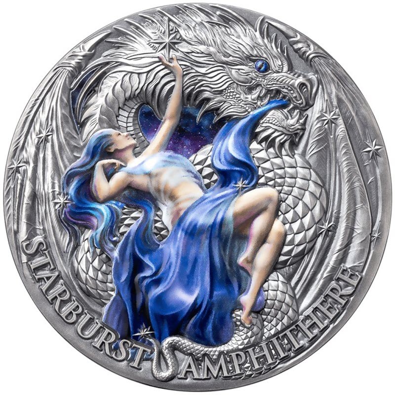 Серебряная монета Камеруна "Драконология: Звездовзрывная Амфитера" 2023 г.в., 62.2 г чистого серебра (Проба 0,999)