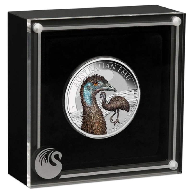 Серебряная монета Австралии «Страус Эму» 2023 г.в.(с цветным изображением), 31.1 г чистого серебра (проба 0.9999)