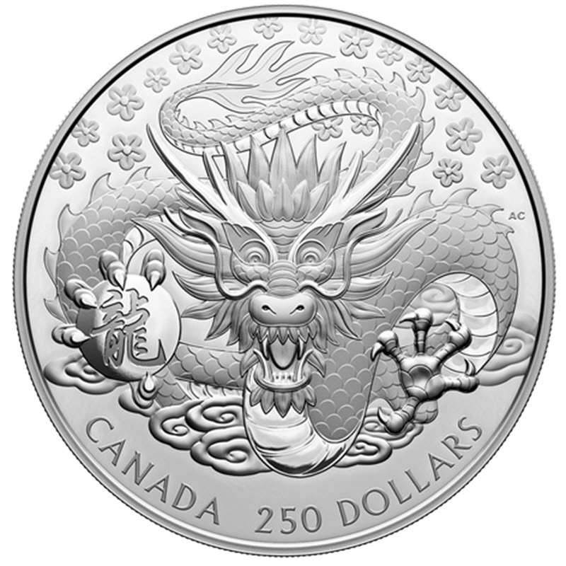 Серебряная монета Канады "Год Дракона" 2024 г.в., 1005.9 г чистого серебра (проба 9999)