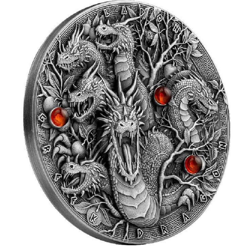 Серебряная монета Ниуэ "Ладон - греческий дракон" 2022 г.в., 62.2 г чистого серебра (Проба 0,999)