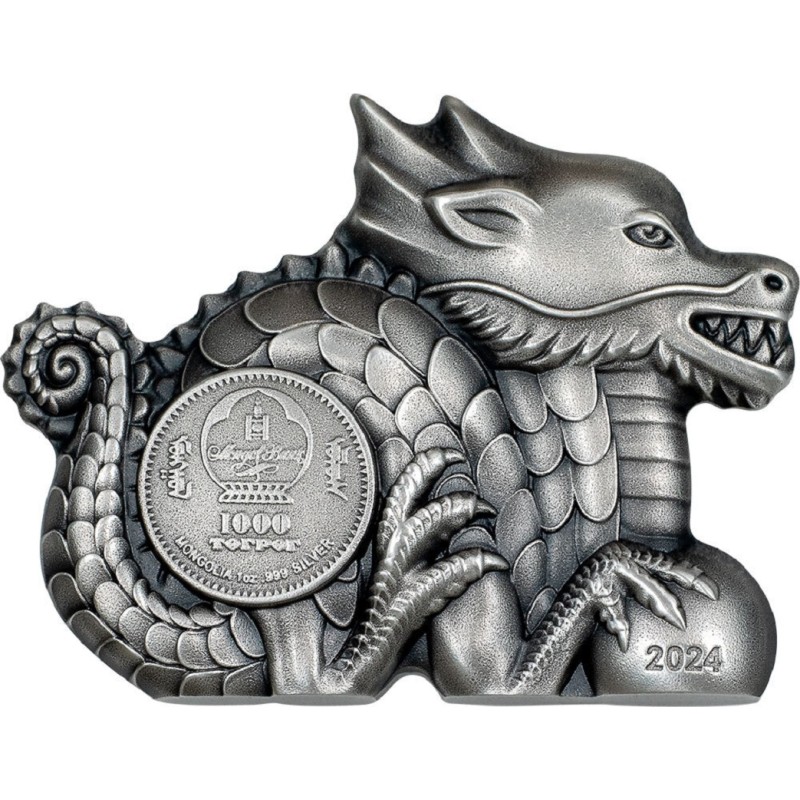Серебряная монета Монголии "Год Дракона" 2024 г.в., 31.1 г чистого серебра (Проба 0,999)