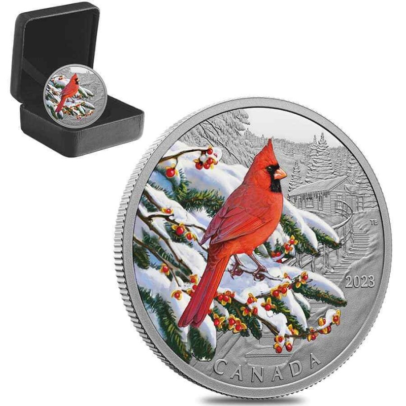 Серебряная монета Канады "Разноцветные птицы. Северный кардинал" 2023 г.в. (пруф) 31.39 г чистого серебра (Проба 0,9999)