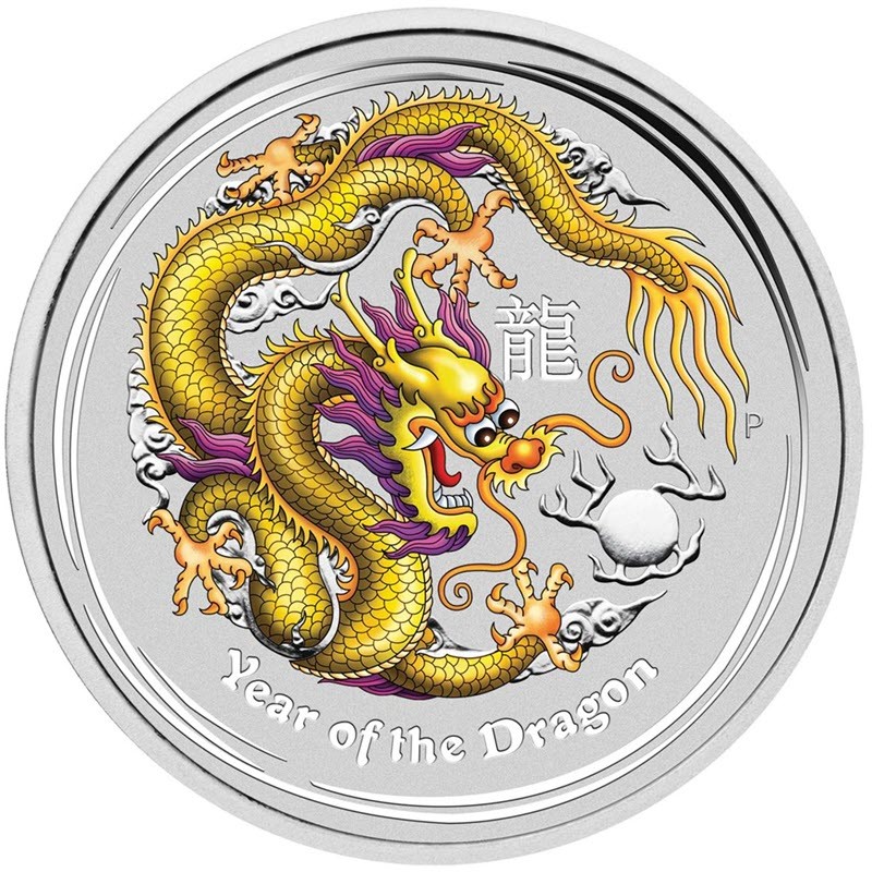 Серебряная монета Австралии «Год Дракона» 2012 г.в. (желтый), 31.1 г чистого серебра (проба 999)