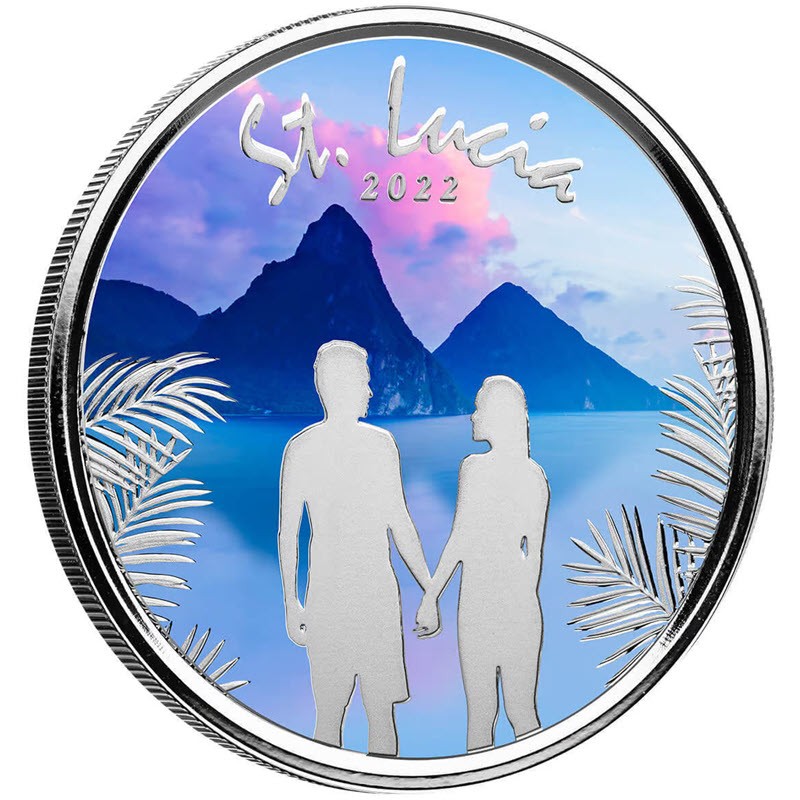Серебряная монета Сент-Люсии «Романтичная пара» (с цветом) 2022 г.в., 31.1 г чистого серебра (проба 999)