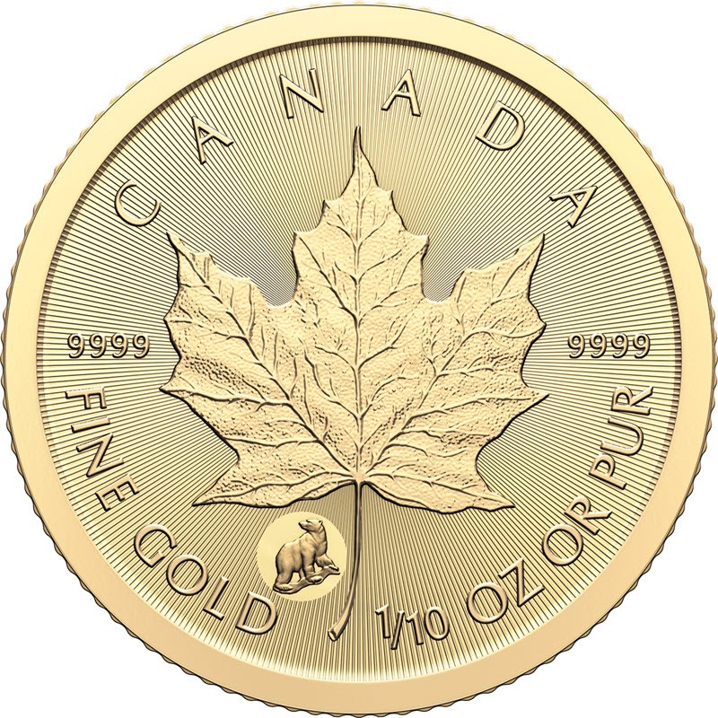 Золотая монета Канады «Кленовый Лист. Полярный медведь» 2024 г.в.,  3.11 г чистого золота (проба 9999)