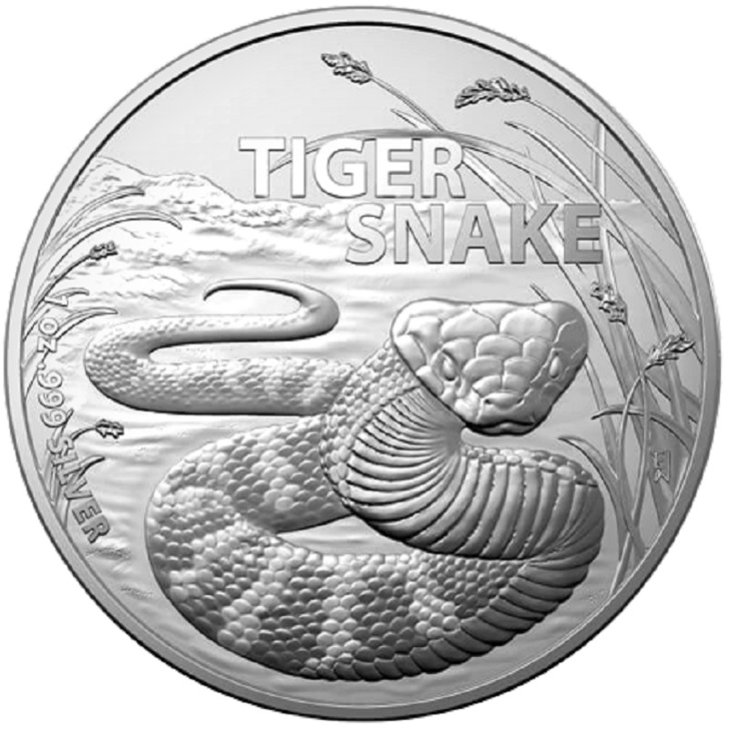 Серебряная монета Австралии «Тигровая змея» 2024 г.в., 31.1 г чистого серебра (проба 999)