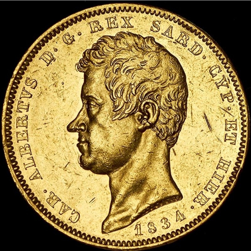 Комиссия: Золотая монета Сардинии «100 лир» 1834 г.в., 29.02 г чистого золота (проба 0.900)