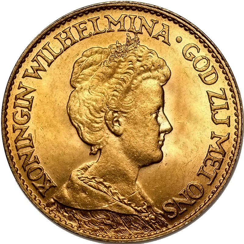 Золотая монета Нидерландов «Королева Вильгельмина I», 6.06 г чистого золота (проба 0.900)