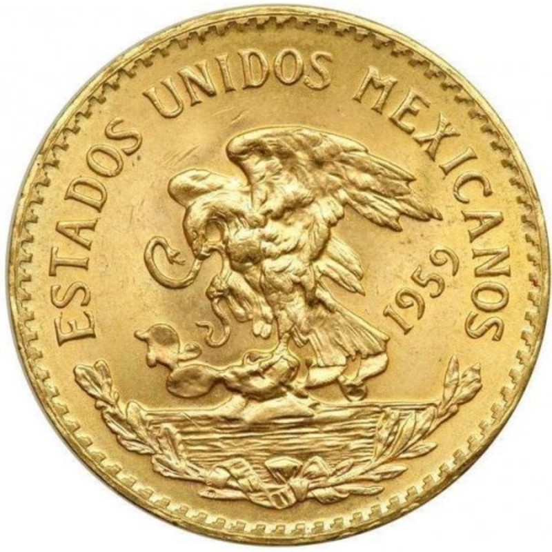 Золотая монета Мексики «20 песо» 1959 г.в., 15 г чистого золота (проба 0.900)