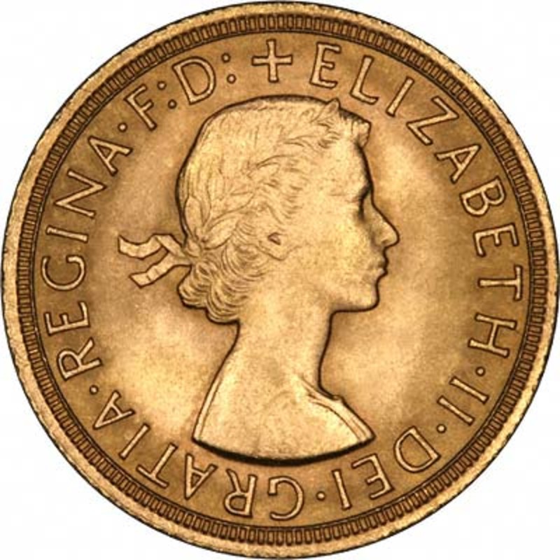 Золотая монета Великобритании «Соверен  Елизаветы II»(1957-1968 г.в. 1-й портрет), 7.32 г чистого золота (проба 0.917)