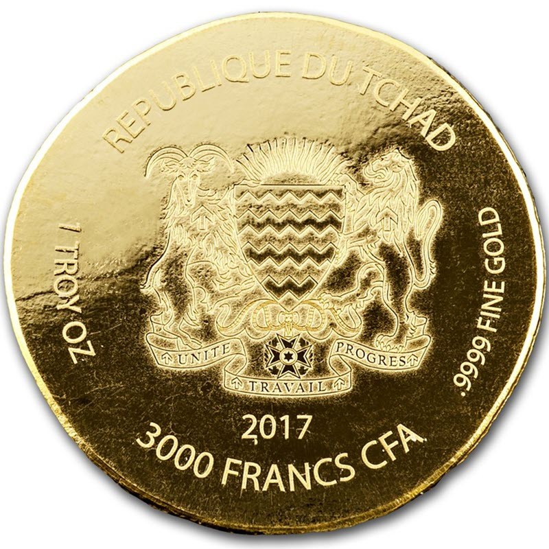 Золотая монета Чада «Египетские реликвии. Тутанхамон» 2017 г.в., 31.1 г чистого золота (проба 0.9999)