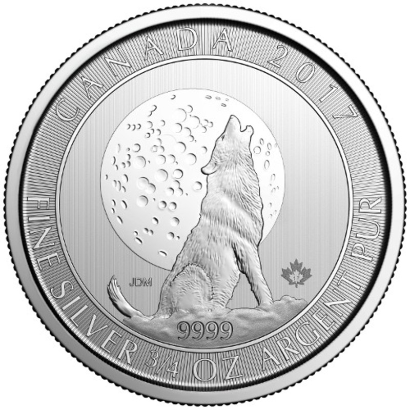 Серебряная монета Канады «Волк воет на Луну» 2017 г.в., 23.33 г чистого серебра (проба 0.9999)