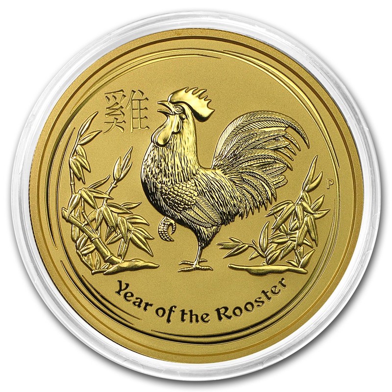 Золотая монета Австралии Лунный календарь 2 - Год Петуха 2017 г.в., 62,2 г чистого золота (проба 0,9999)