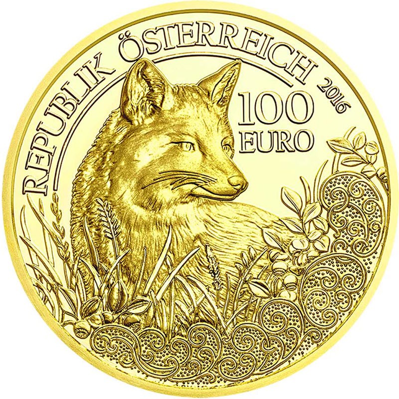Золотая монета Австрии «Лиса» 2016 г.в., 16 г чистого золота (проба 0.986)