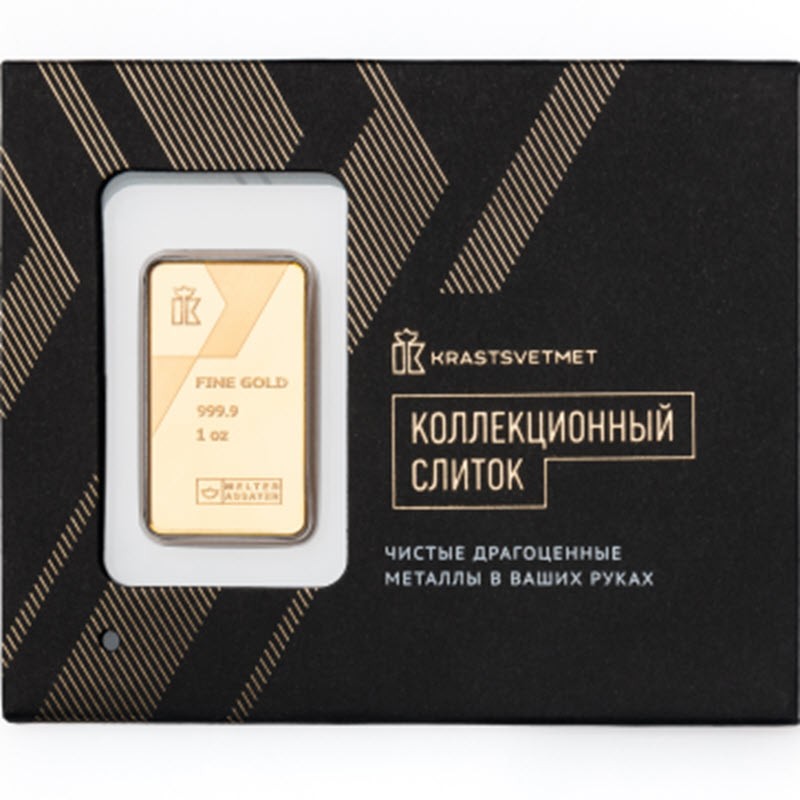Золотой сувенирный  слиток Россия (Красцветмет), 31.1 гр чистого золота проба 9999