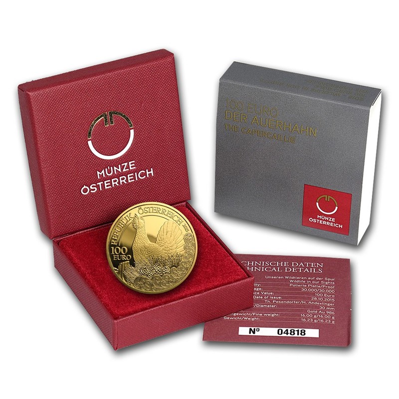Золотая монета Австрии "Глухарь", 2015 г.в., вес 16 г чистого золота  (проба 0,986)