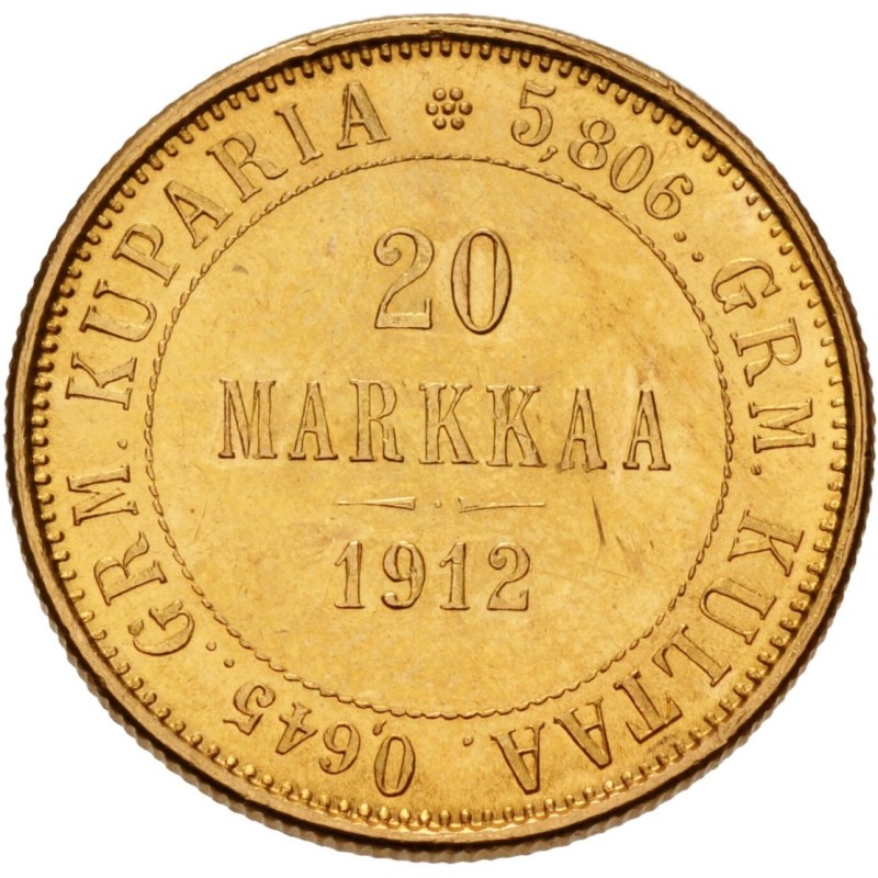Золотая монета Финляндии «20 марок» 1912 г.в., 5.81 г чистого золота (проба 0.900)