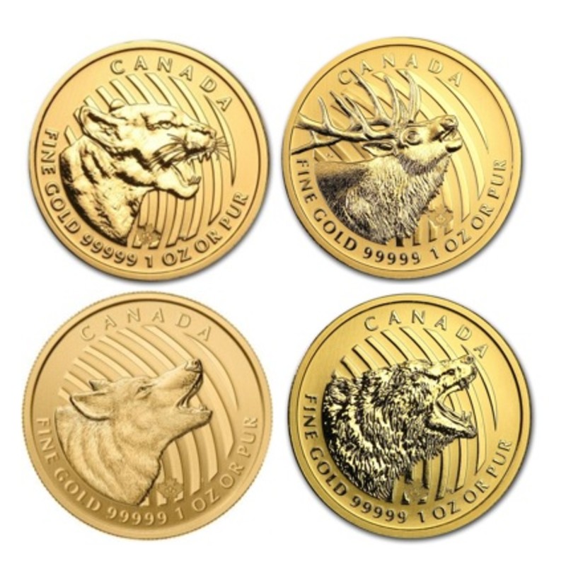 Набор золотых монет Канады "Зов дикой природы" ; 4 монеты весом 31,1 г чистого золота (проба 0,99999)