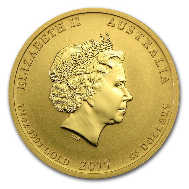 Золотая монета Австралии Лунный календарь 2 - Год Петуха 2017 г.в.,1/2 тройской унции, 15.55 г чистого золота (проба 0,9999)