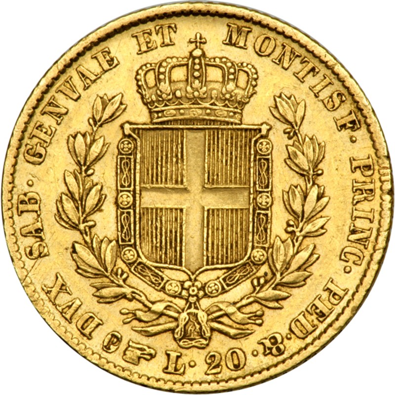 Золотая монета Сардинии «20 лир Карла Альберта (1831-1849 г.г.)» 5.81 г чистого золота (проба 0.900)