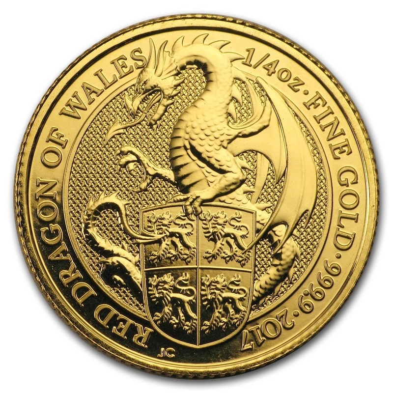 Золотая инвестиционная монета Великобритании - Красный Дракон, 2017 г.в., 1/4 унции, 7.78 г. чистого золота (проба 0.9999)